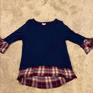 Blue Long Sleeve Sweater with Plaid